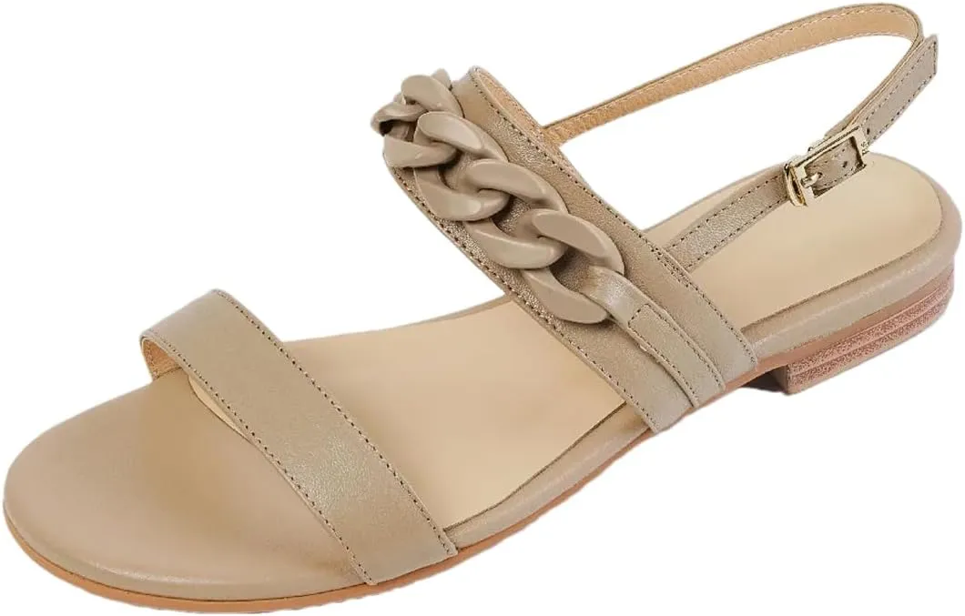 Womens Buckle Strap Back Strap Flat Heel Open Side Vamp Basic Sandals Chain Decor Cow Leather Soft Summer Sandals