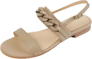 Womens Buckle Strap Back Strap Flat Heel Open Side Vamp Basic Sandals Chain Decor Cow Leather Soft Summer Sandals