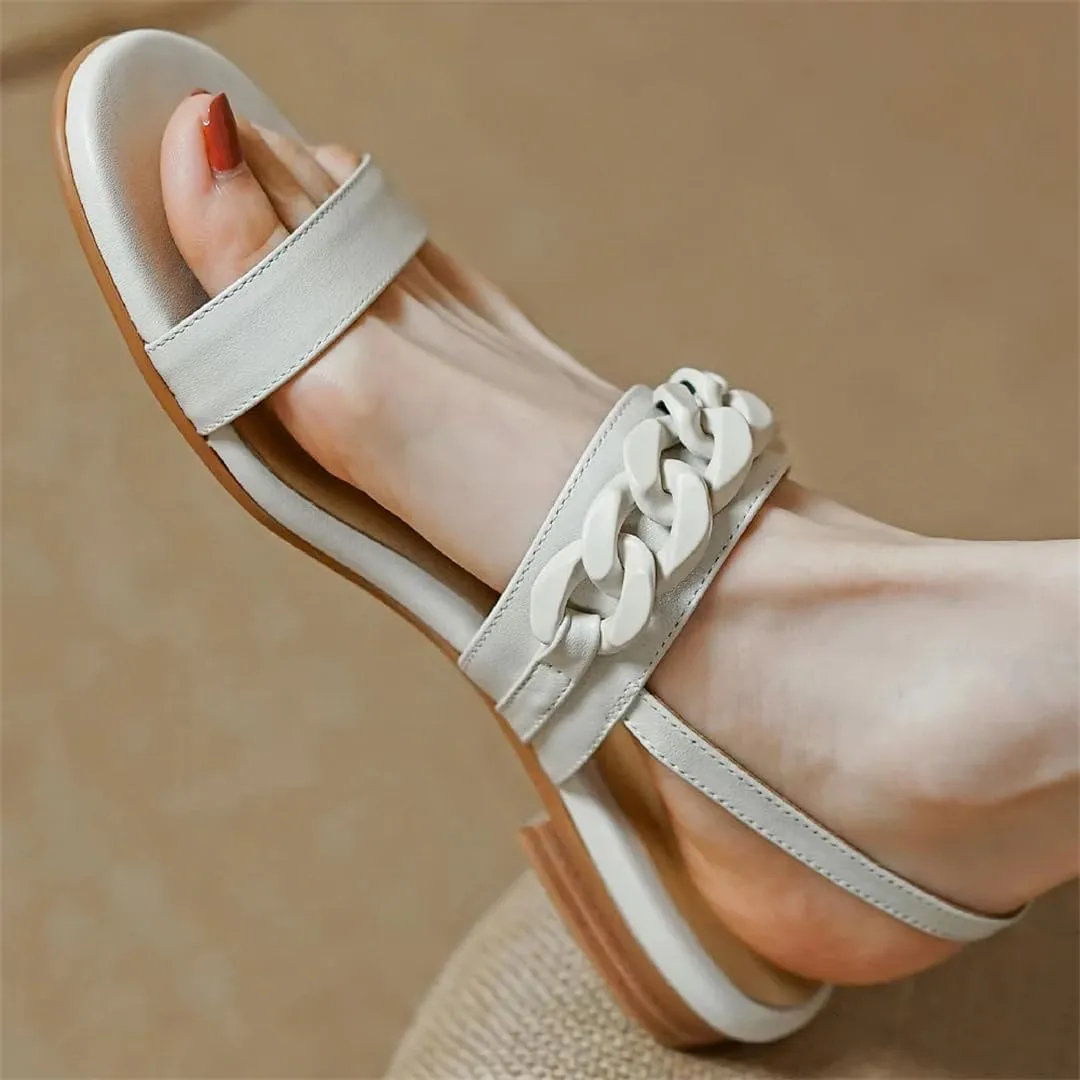 Womens Buckle Strap Back Strap Flat Heel Open Side Vamp Basic Sandals Chain Decor Cow Leather Soft Summer Sandals