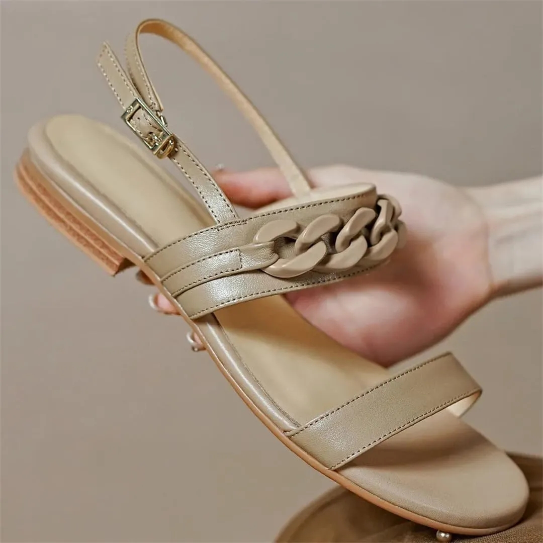 Womens Buckle Strap Back Strap Flat Heel Open Side Vamp Basic Sandals Chain Decor Cow Leather Soft Summer Sandals