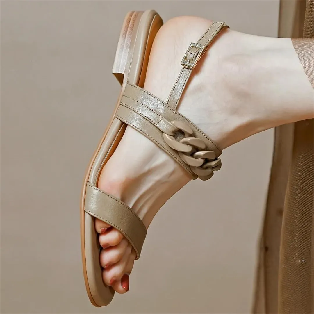 Womens Buckle Strap Back Strap Flat Heel Open Side Vamp Basic Sandals Chain Decor Cow Leather Soft Summer Sandals