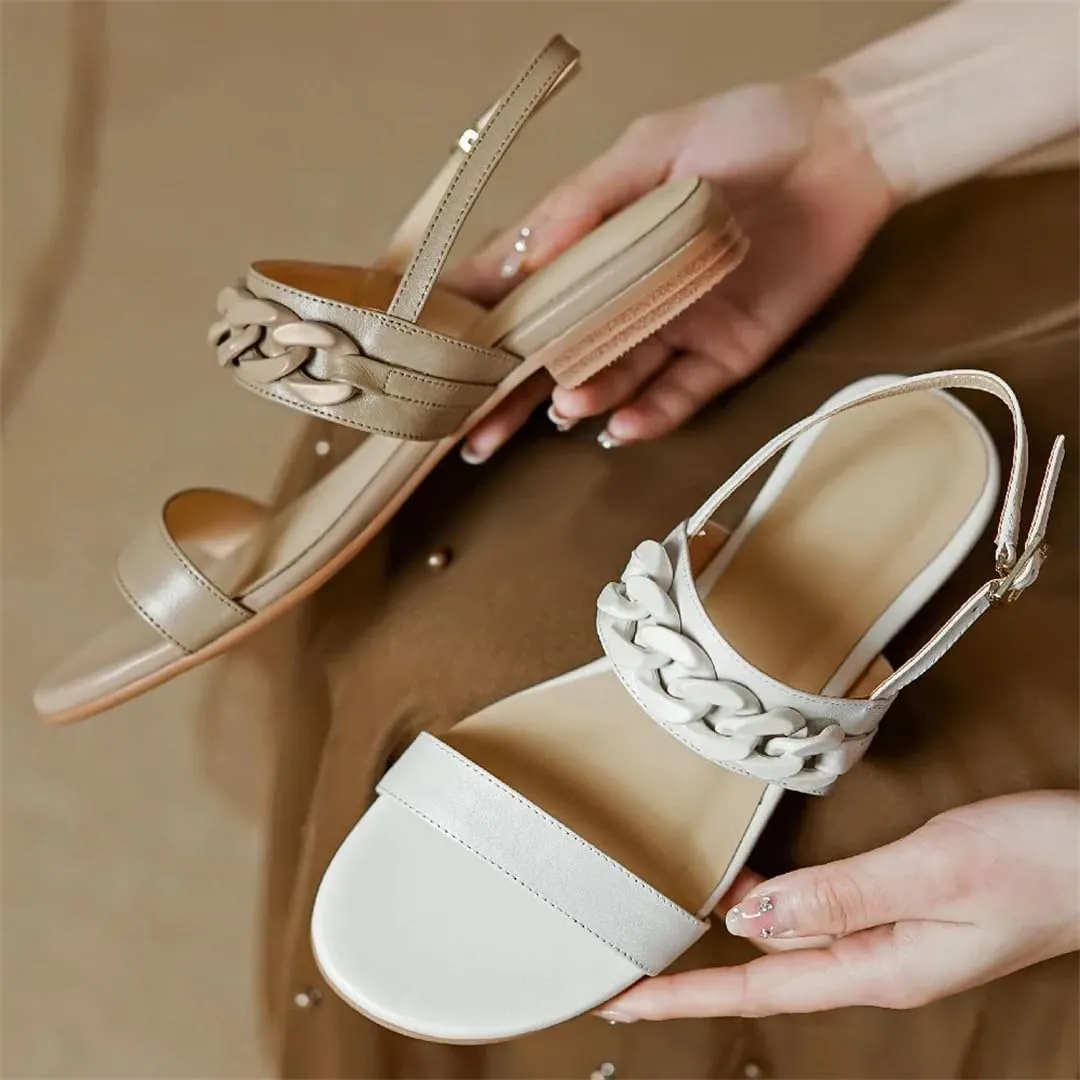 Womens Buckle Strap Back Strap Flat Heel Open Side Vamp Basic Sandals Chain Decor Cow Leather Soft Summer Sandals
