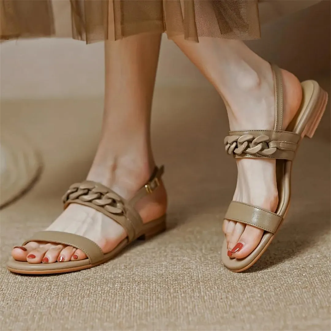 Womens Buckle Strap Back Strap Flat Heel Open Side Vamp Basic Sandals Chain Decor Cow Leather Soft Summer Sandals