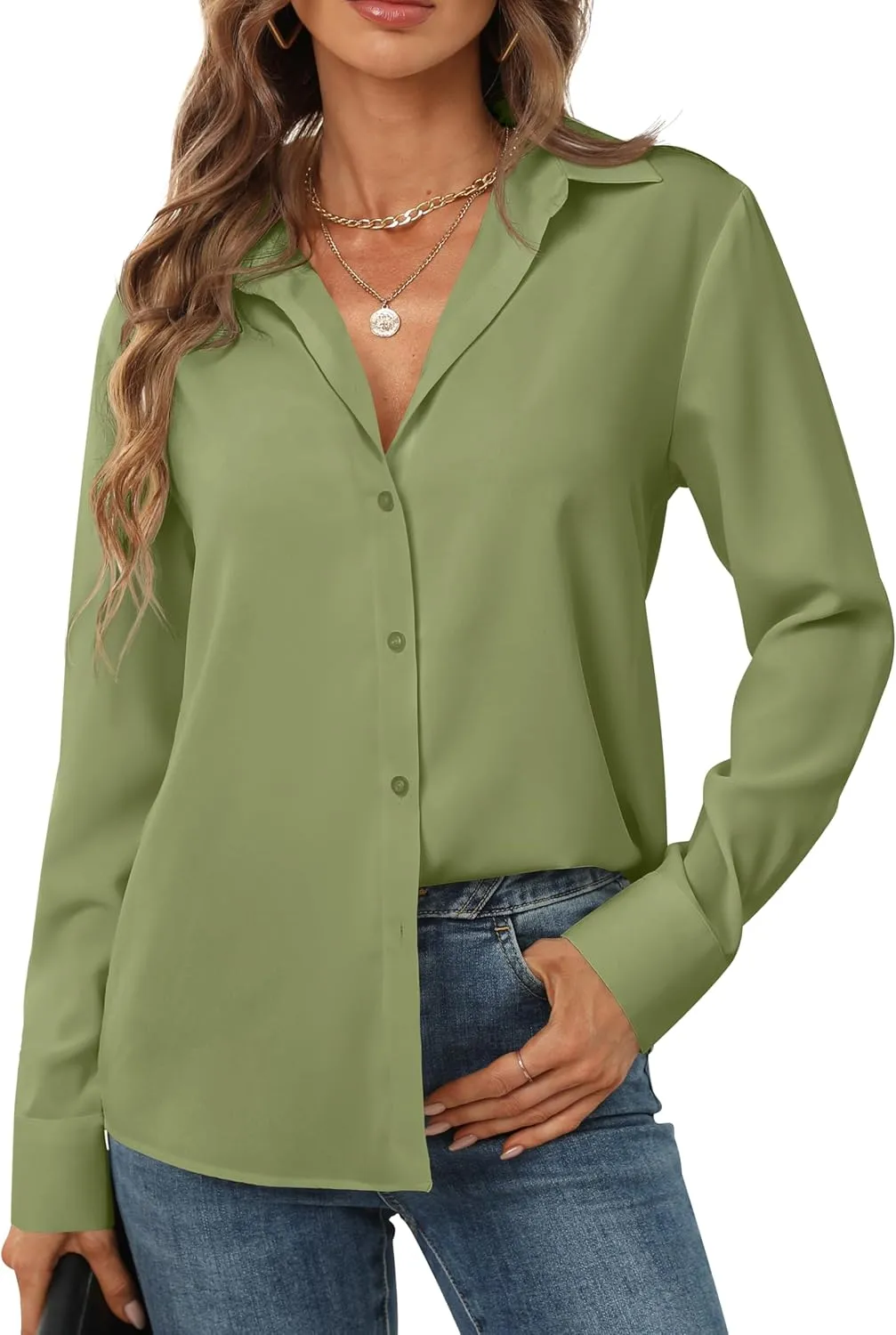 Women's Button Down Shirts Long Sleeve Basic Classic Soft Shirt Collared Fashion Dressy Casual Blouses