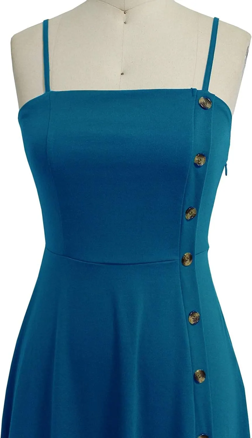 Women's Casual Summer Beach Flattering Flowy A-Line Spaghetti Straps Solid Cotton Button Down Midi Sundress