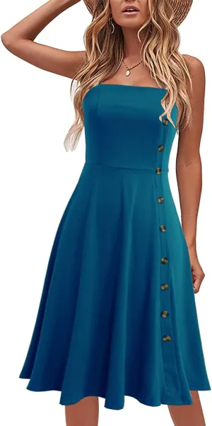 Women's Casual Summer Beach Flattering Flowy A-Line Spaghetti Straps Solid Cotton Button Down Midi Sundress