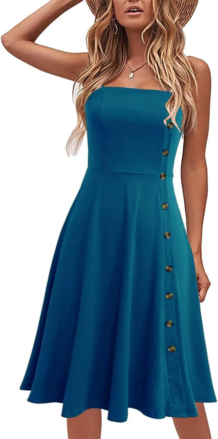 Women's Casual Summer Beach Flattering Flowy A-Line Spaghetti Straps Solid Cotton Button Down Midi Sundress