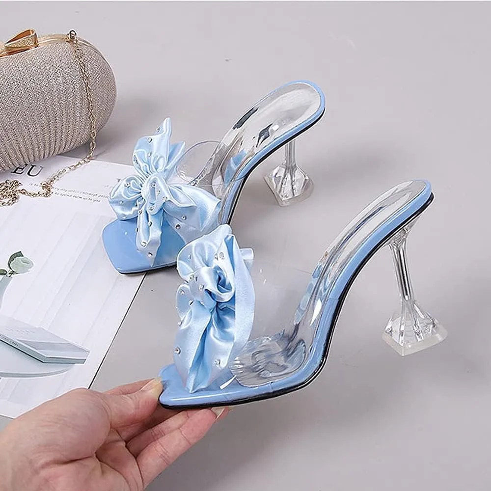 Women's Clear High Heel Mule Sandal Square Open toe Slide on Wedding Party Dress Shoes with Bow
