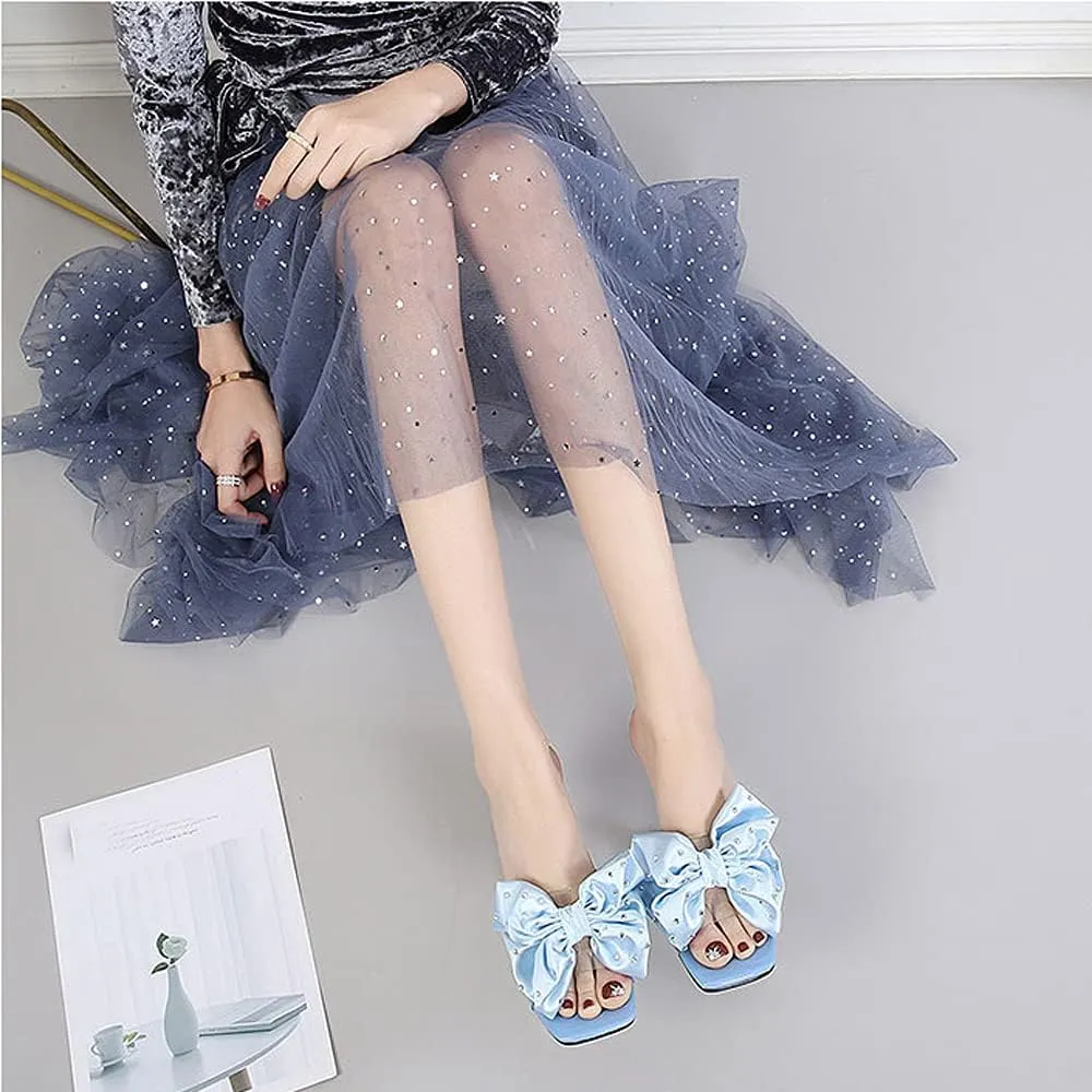 Women's Clear High Heel Mule Sandal Square Open toe Slide on Wedding Party Dress Shoes with Bow