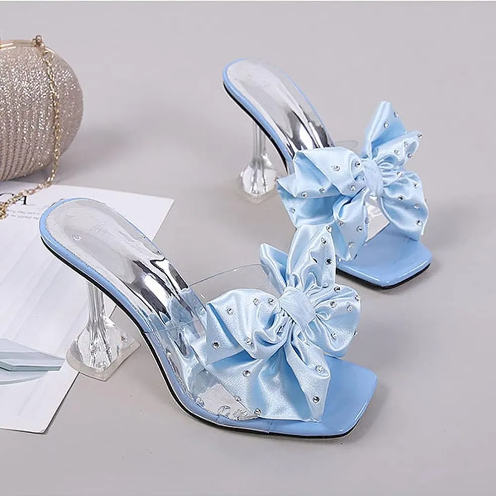 Women's Clear High Heel Mule Sandal Square Open toe Slide on Wedding Party Dress Shoes with Bow