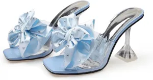 Women's Clear High Heel Mule Sandal Square Open toe Slide on Wedding Party Dress Shoes with Bow