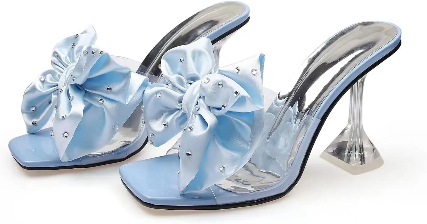 Women's Clear High Heel Mule Sandal Square Open toe Slide on Wedding Party Dress Shoes with Bow