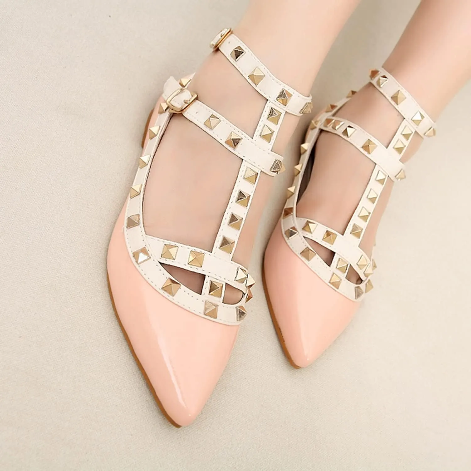 Womens Fashion Stud Flat Shoes Pointed Closed Toe Low Heels Color Block Studded T-Strap Casual Shoes Ankle Strap Buckle Classic Work Flats Office Shoes