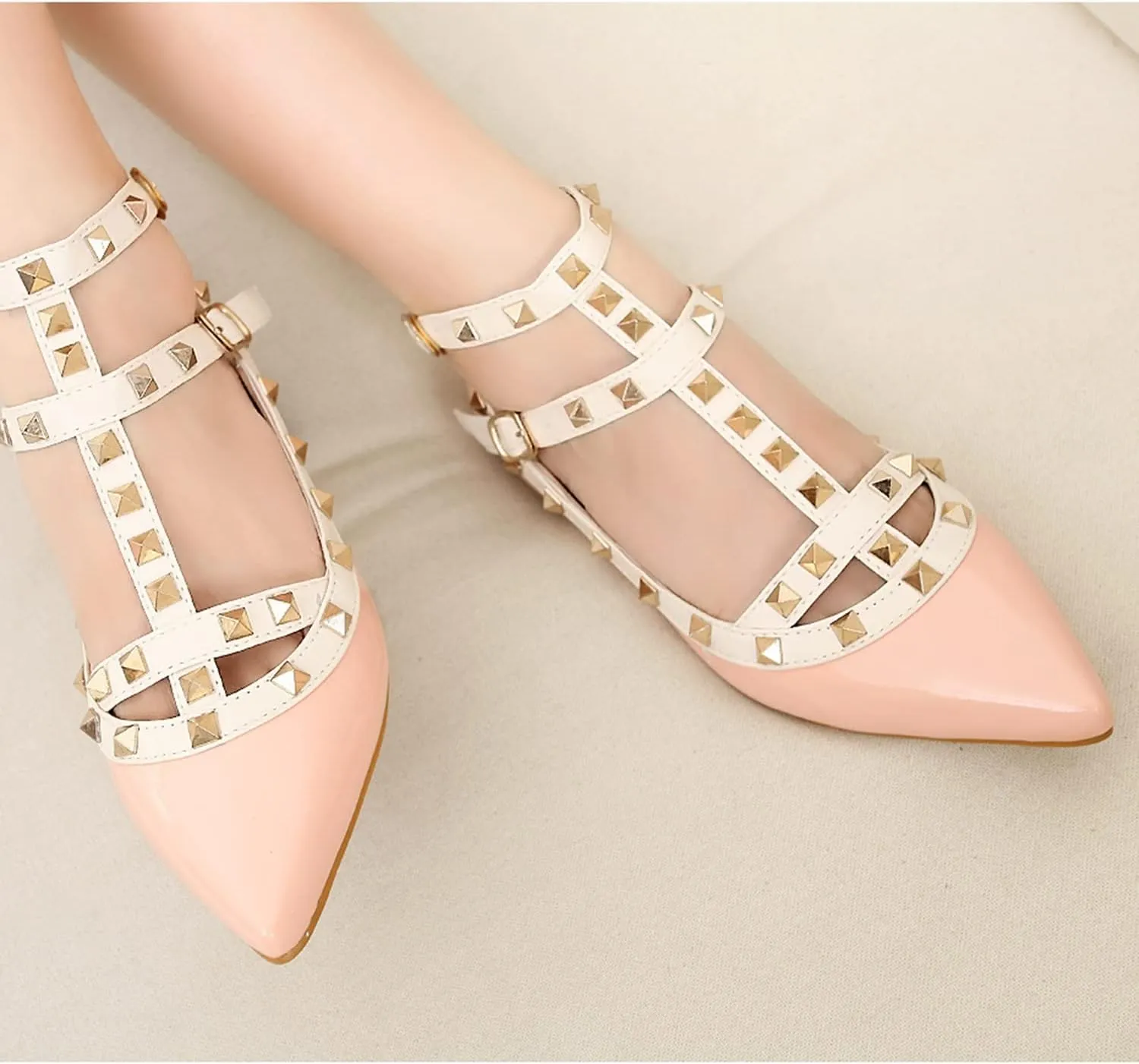 Womens Fashion Stud Flat Shoes Pointed Closed Toe Low Heels Color Block Studded T-Strap Casual Shoes Ankle Strap Buckle Classic Work Flats Office Shoes
