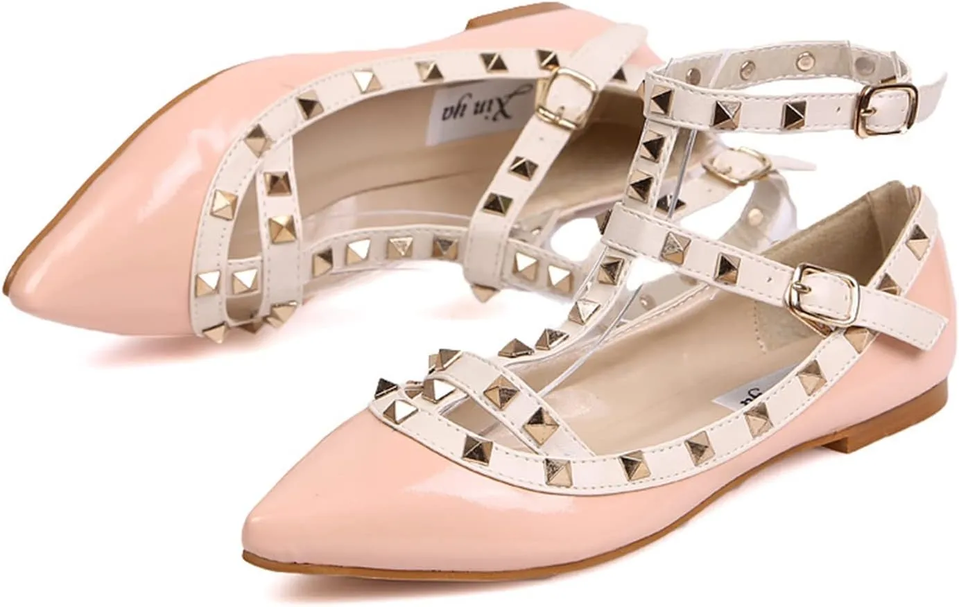 Womens Fashion Stud Flat Shoes Pointed Closed Toe Low Heels Color Block Studded T-Strap Casual Shoes Ankle Strap Buckle Classic Work Flats Office Shoes