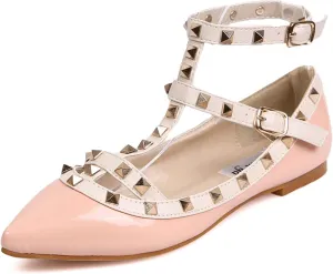 Womens Fashion Stud Flat Shoes Pointed Closed Toe Low Heels Color Block Studded T-Strap Casual Shoes Ankle Strap Buckle Classic Work Flats Office Shoes