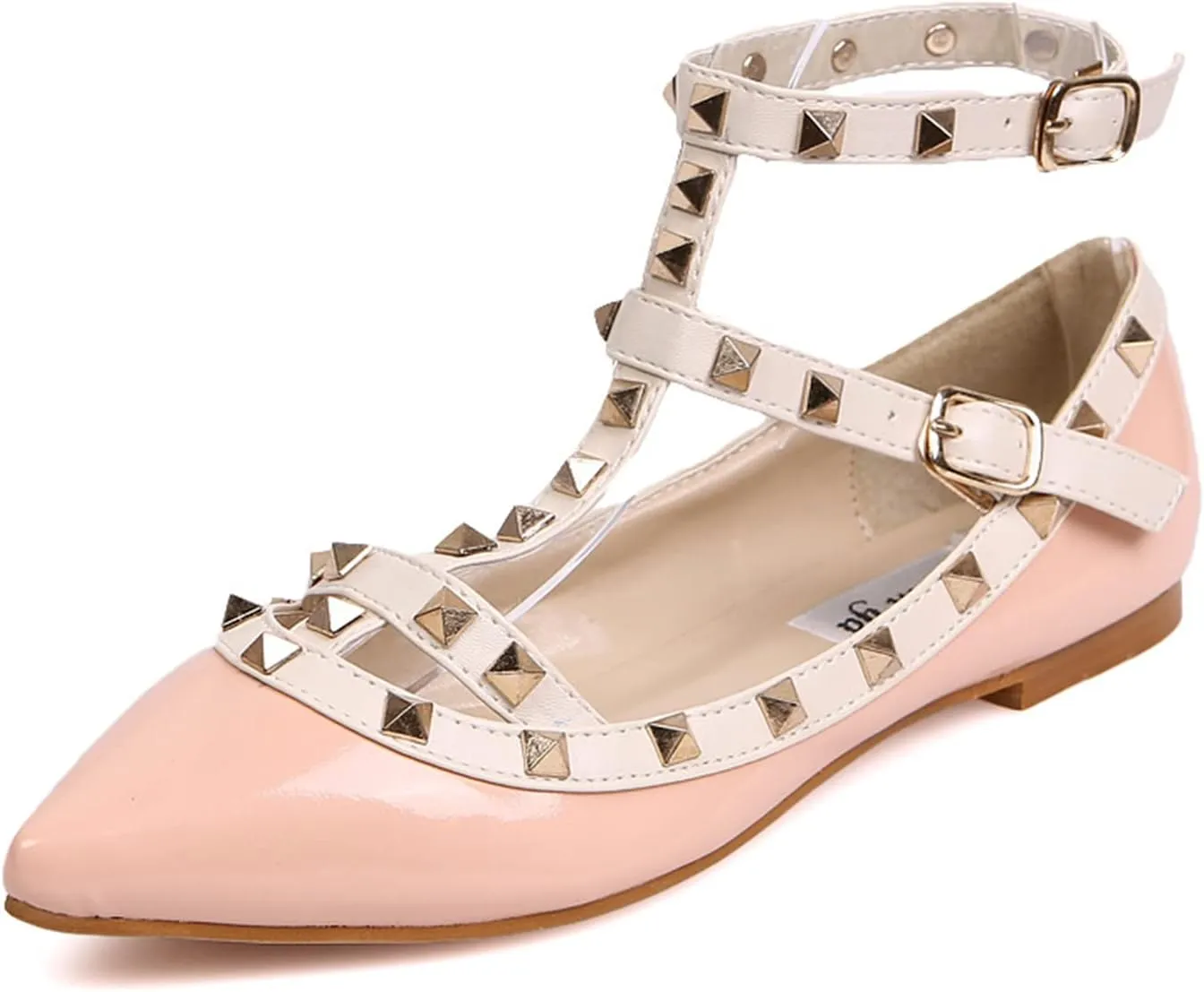 Womens Fashion Stud Flat Shoes Pointed Closed Toe Low Heels Color Block Studded T-Strap Casual Shoes Ankle Strap Buckle Classic Work Flats Office Shoes