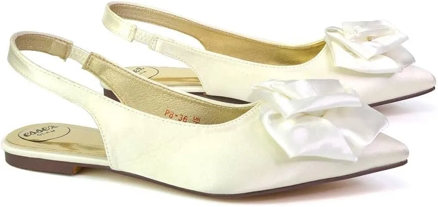 Womens Flat Slingback Satin Flower Shoes Ladies Pointed Bridal Flower Girl Bridesmaid Sandals Size 3-8