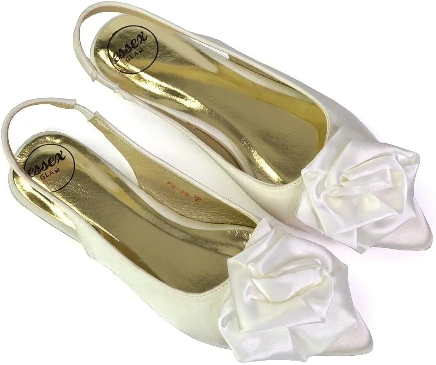 Womens Flat Slingback Satin Flower Shoes Ladies Pointed Bridal Flower Girl Bridesmaid Sandals Size 3-8