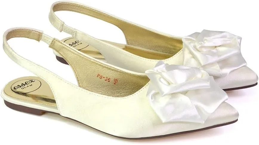 Womens Flat Slingback Satin Flower Shoes Ladies Pointed Bridal Flower Girl Bridesmaid Sandals Size 3-8