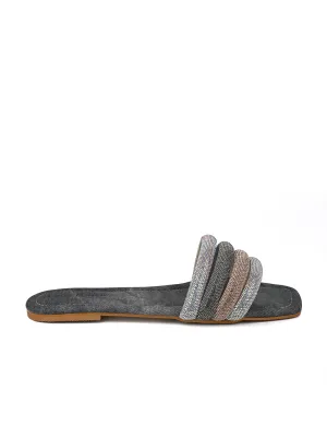Women's Grey Glitter Strap Flat Heel Lightweight Sandals