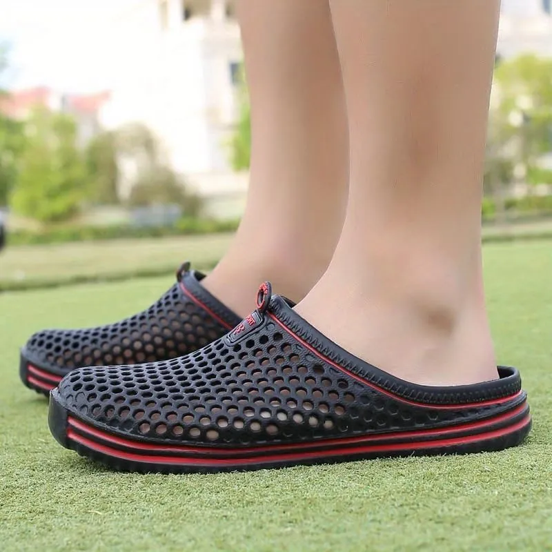 Women's Hollow Out Flat Clogs, Closed Toe Breathable Non Slip Garden Mules, Casual Beach Slide Shoes
