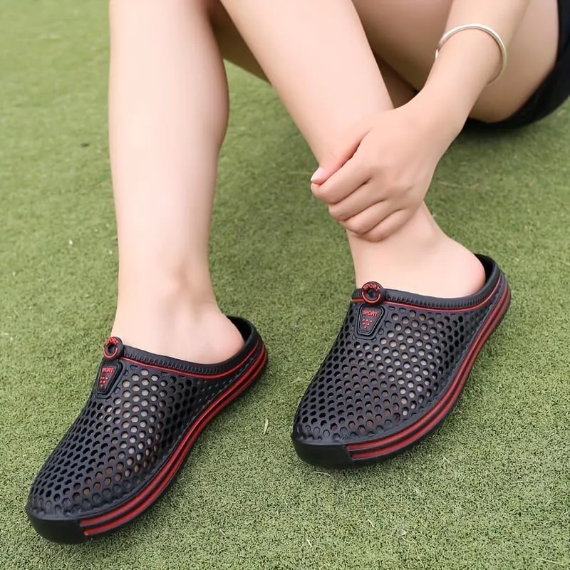 Women's Hollow Out Flat Clogs, Closed Toe Breathable Non Slip Garden Mules, Casual Beach Slide Shoes