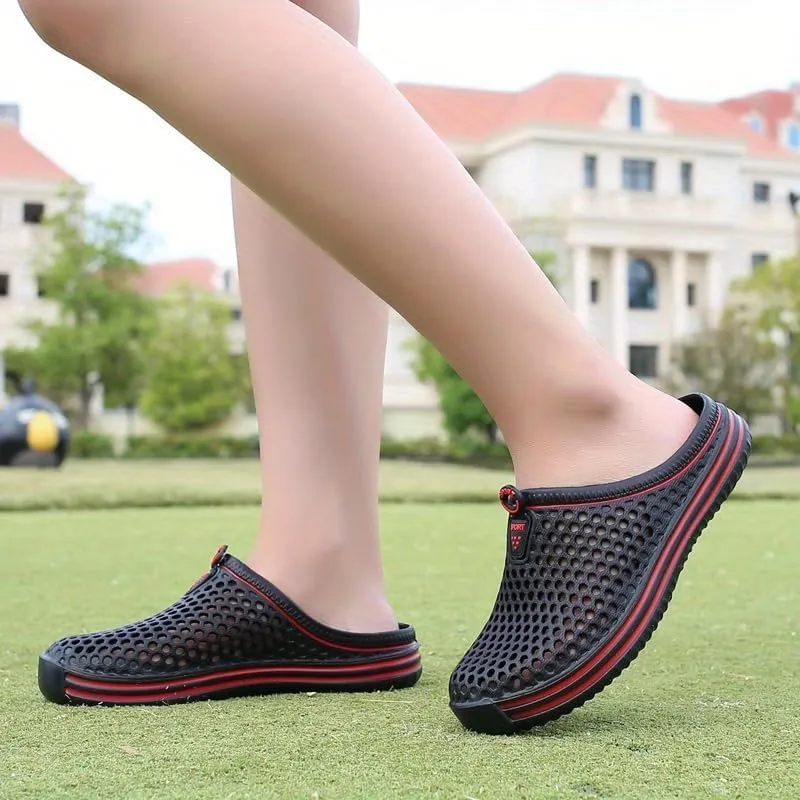 Women's Hollow Out Flat Clogs, Closed Toe Breathable Non Slip Garden Mules, Casual Beach Slide Shoes