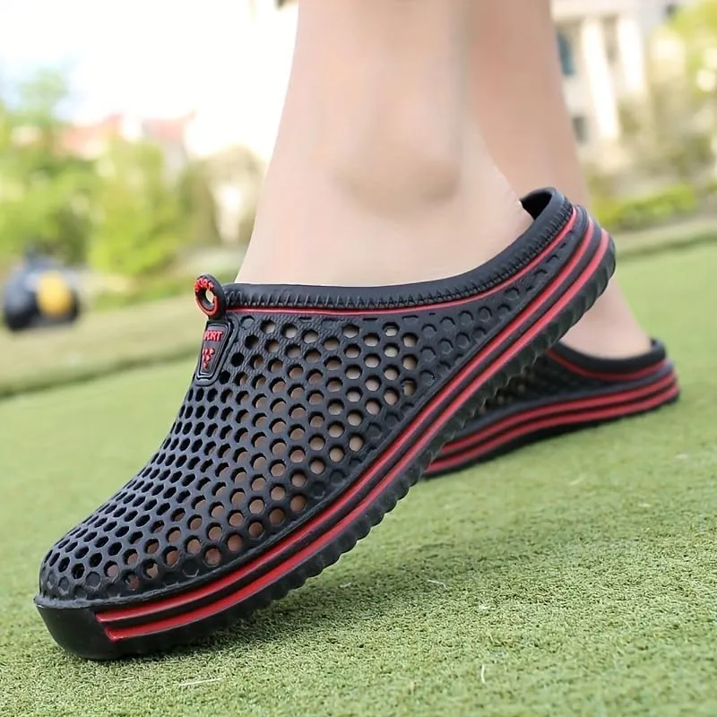 Women's Hollow Out Flat Clogs, Closed Toe Breathable Non Slip Garden Mules, Casual Beach Slide Shoes