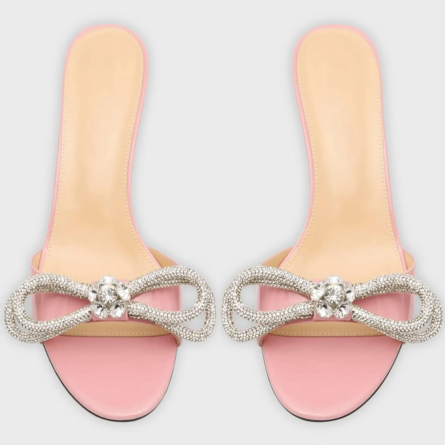 Women's Kitten Heel Round Open Toe Rhinestones Double Bows Slide Sandals Comfortable Slip On High Heel Crystals Mule Shoes Prom Party Heeled Sandals for Women