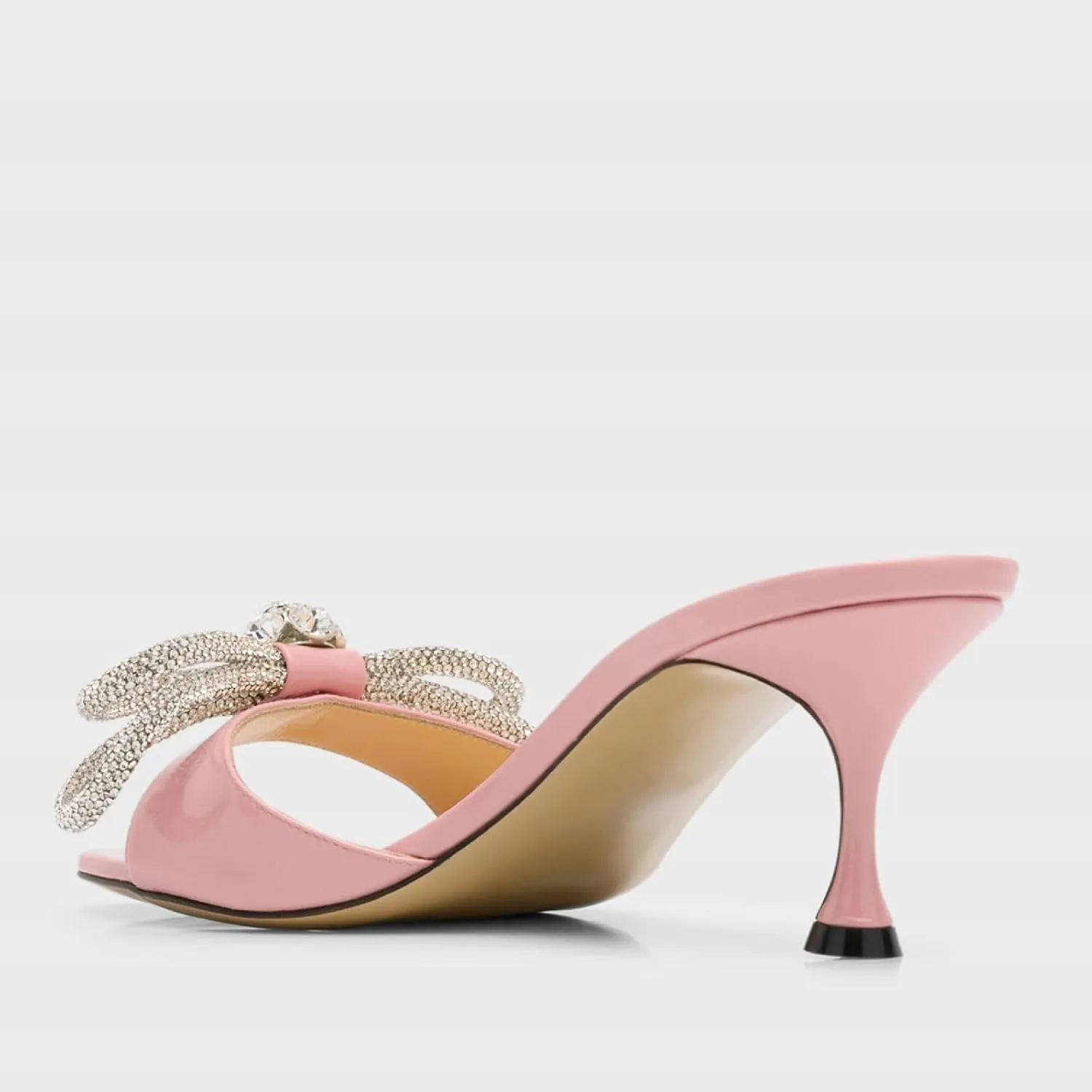 Women's Kitten Heel Round Open Toe Rhinestones Double Bows Slide Sandals Comfortable Slip On High Heel Crystals Mule Shoes Prom Party Heeled Sandals for Women