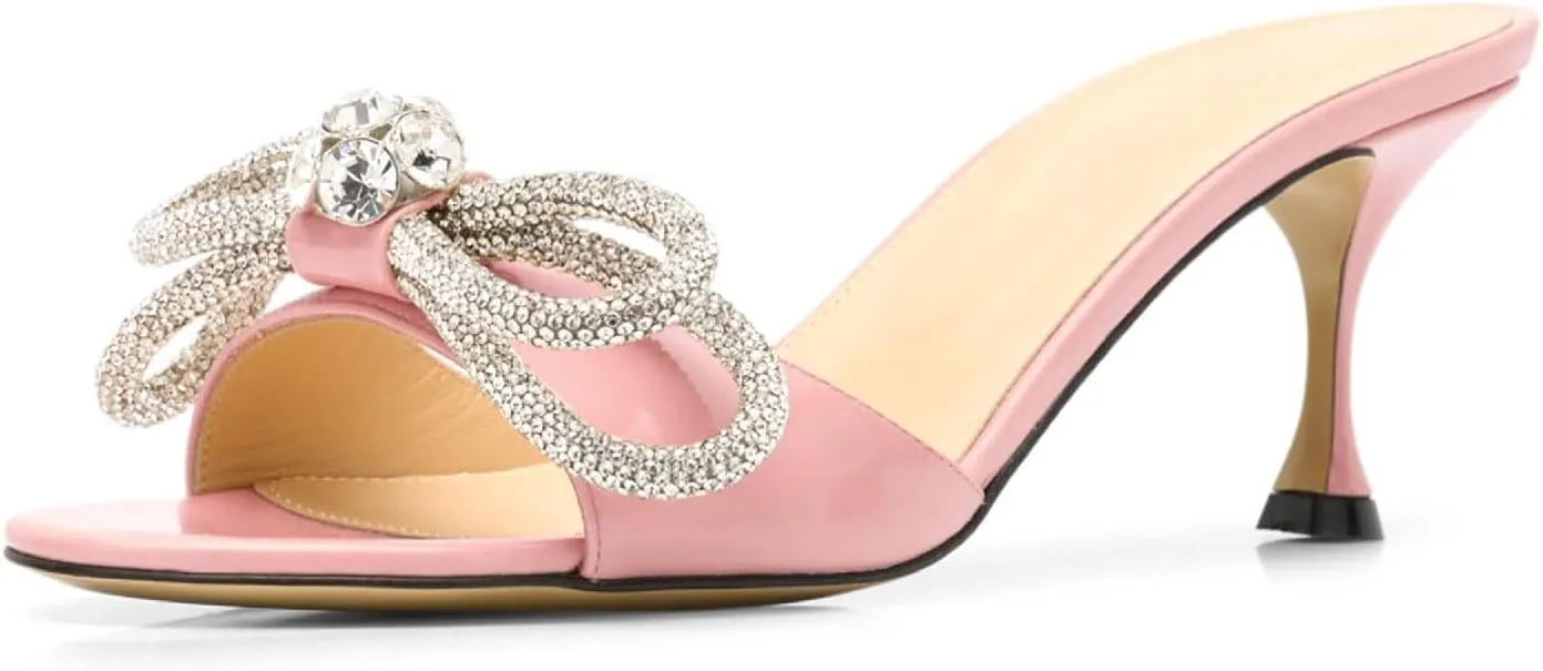 Women's Kitten Heel Round Open Toe Rhinestones Double Bows Slide Sandals Comfortable Slip On High Heel Crystals Mule Shoes Prom Party Heeled Sandals for Women