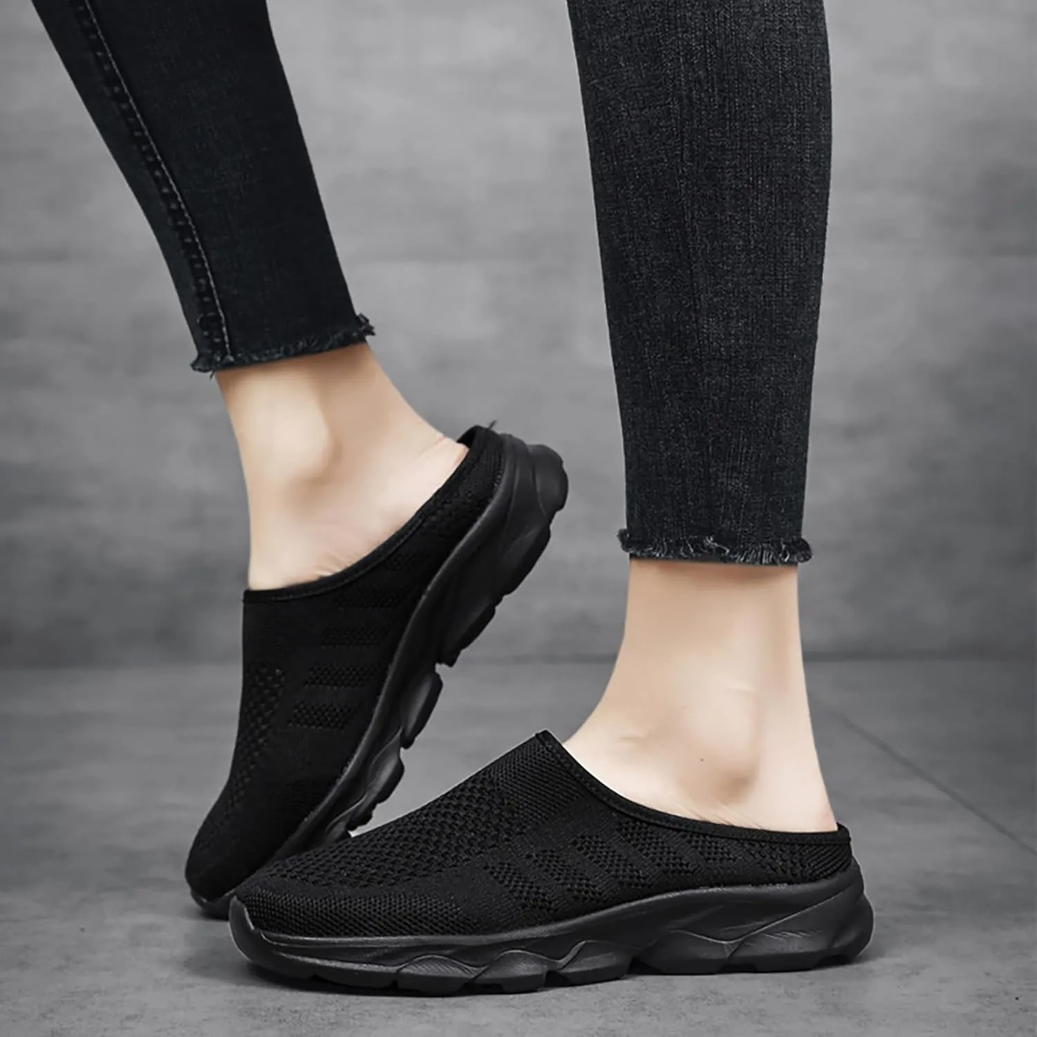 Women's Knit Round Toe Platform Clogs Mules Slip-On Casual Breathable Backless Wedge Arch Support Sneakers Non-Slip Lightweight Soft Sole Walking Driving Shoes