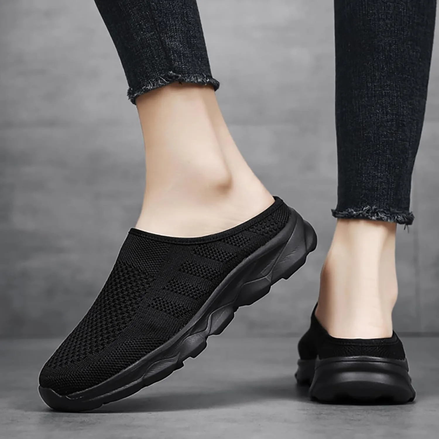 Women's Knit Round Toe Platform Clogs Mules Slip-On Casual Breathable Backless Wedge Arch Support Sneakers Non-Slip Lightweight Soft Sole Walking Driving Shoes