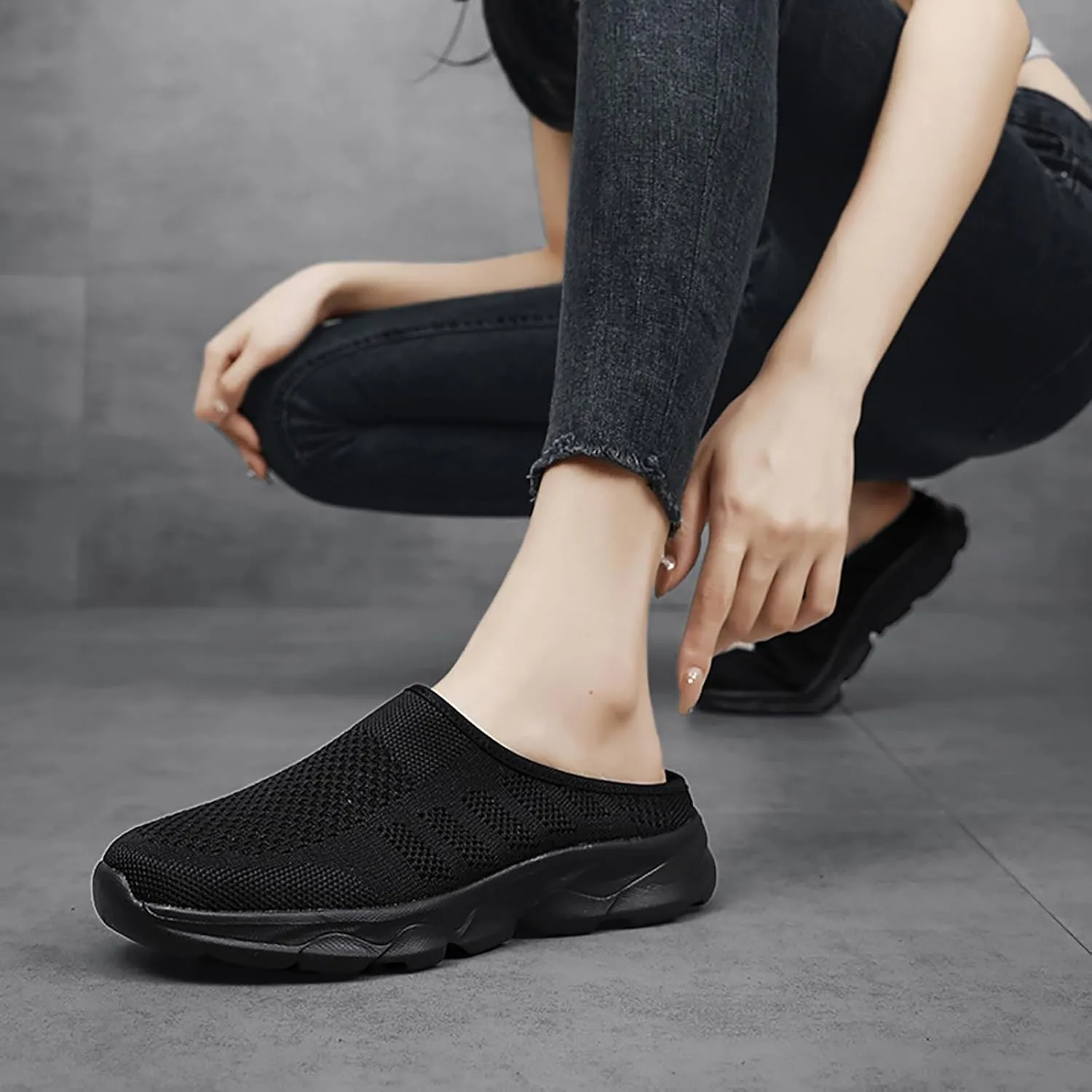 Women's Knit Round Toe Platform Clogs Mules Slip-On Casual Breathable Backless Wedge Arch Support Sneakers Non-Slip Lightweight Soft Sole Walking Driving Shoes
