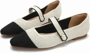 Women's Knitted Cap Toe Mary Jane Shoes,Comfortable Square Toe Arch Support Walking Shoes Soft Sole Strappy Mesh Office Work Dress Shoes Elegant Ballets Flats
