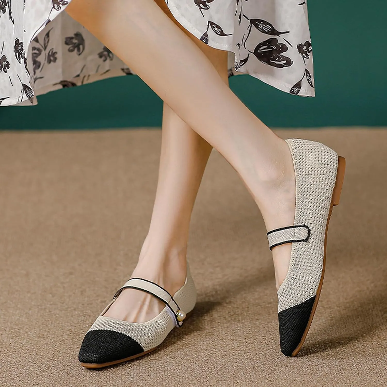 Women's Knitted Cap Toe Mary Jane Shoes,Comfortable Square Toe Arch Support Walking Shoes Soft Sole Strappy Mesh Office Work Dress Shoes Elegant Ballets Flats