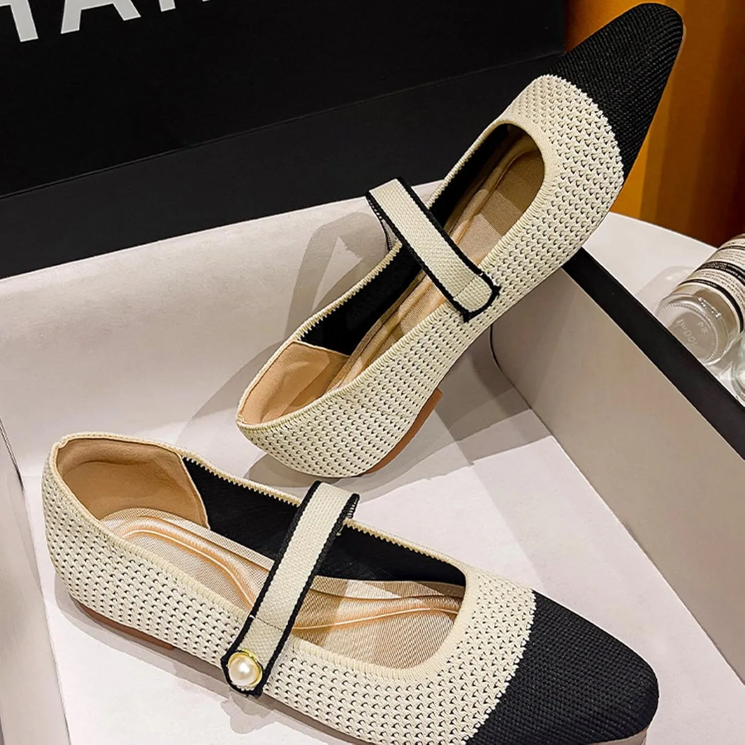 Women's Knitted Cap Toe Mary Jane Shoes,Comfortable Square Toe Arch Support Walking Shoes Soft Sole Strappy Mesh Office Work Dress Shoes Elegant Ballets Flats