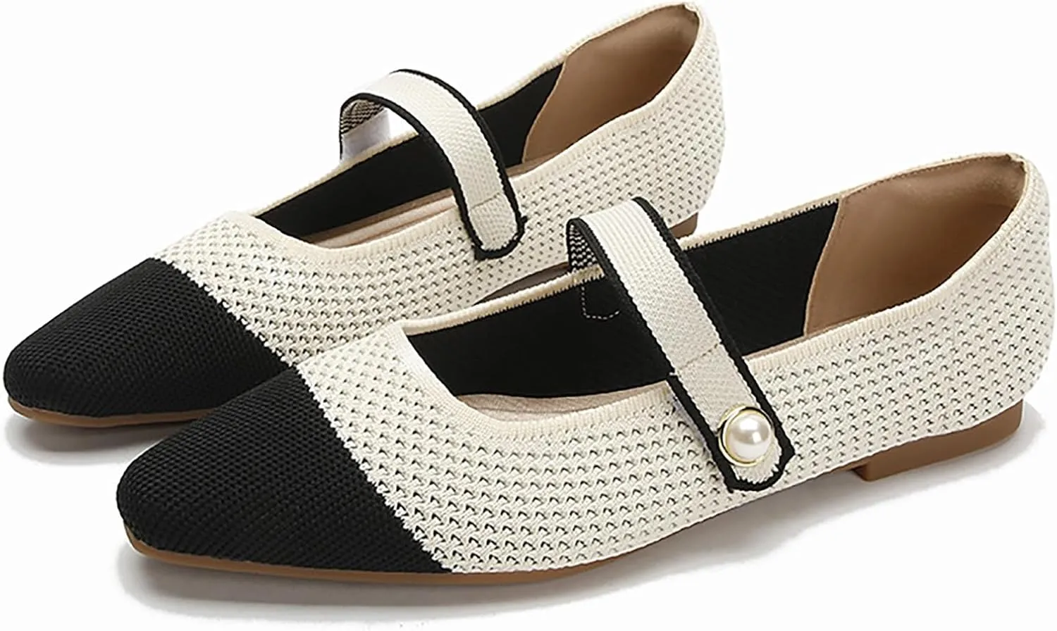 Women's Knitted Cap Toe Mary Jane Shoes,Comfortable Square Toe Arch Support Walking Shoes Soft Sole Strappy Mesh Office Work Dress Shoes Elegant Ballets Flats