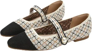 Women's Knitted Cap Toe Mary Jane Shoes,Comfortable Square Toe Arch Support Walking Shoes Soft Sole Strappy Mesh Office Work Dress Shoes Elegant Ballets Flats