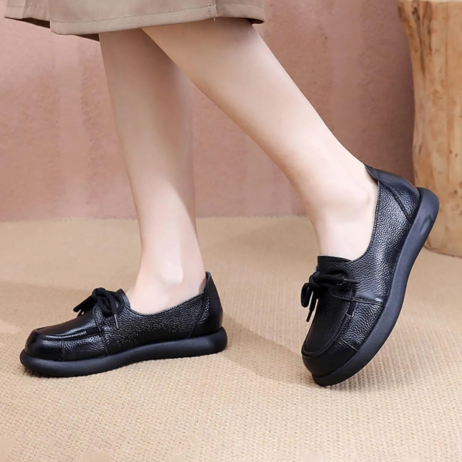 Women's Leather Soft Sole Casual Shoes,Vintage Comfort Round Toe Non-Slip Cute Bow Lace-up Flat Dress Oxford Loafers