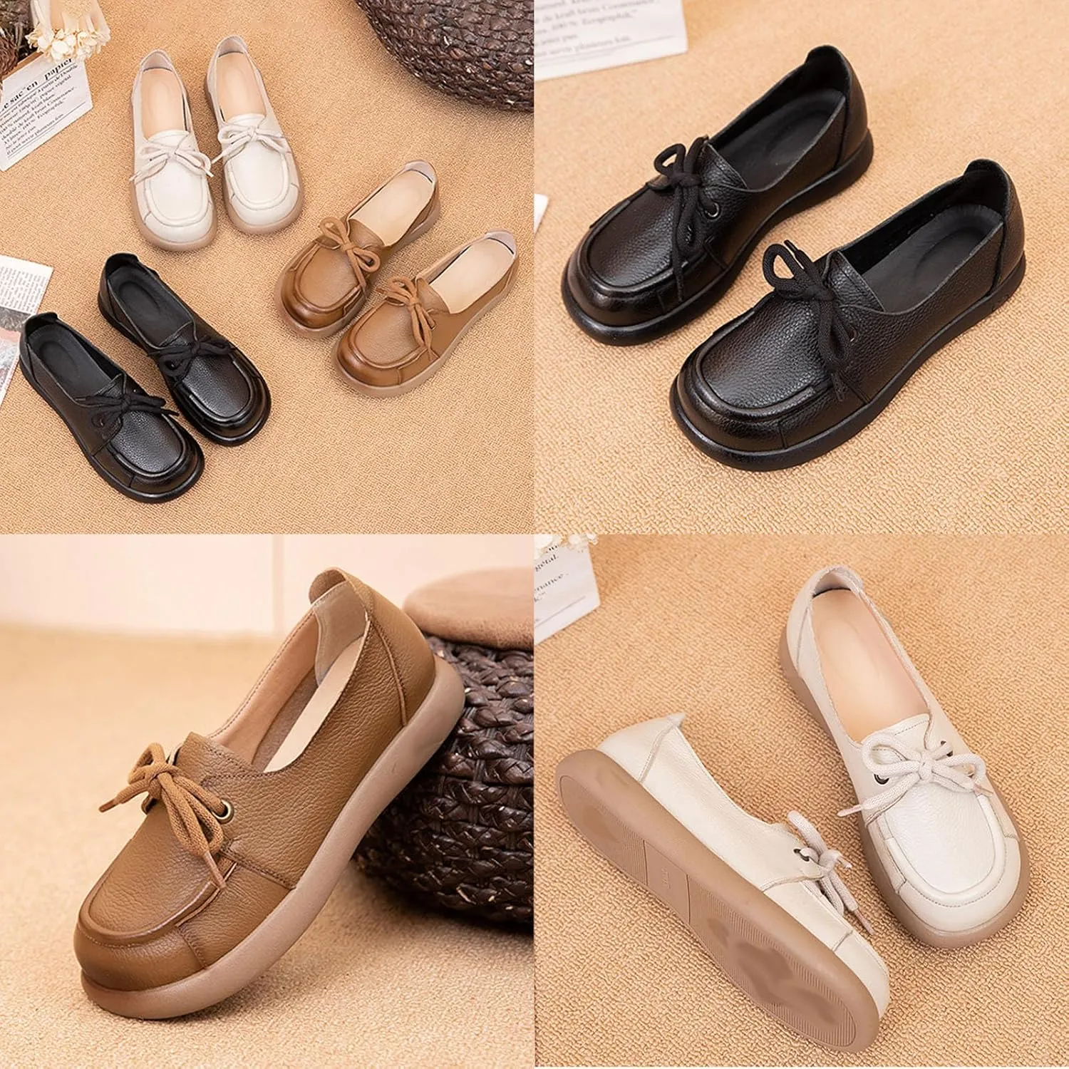 Women's Leather Soft Sole Casual Shoes,Vintage Comfort Round Toe Non-Slip Cute Bow Lace-up Flat Dress Oxford Loafers