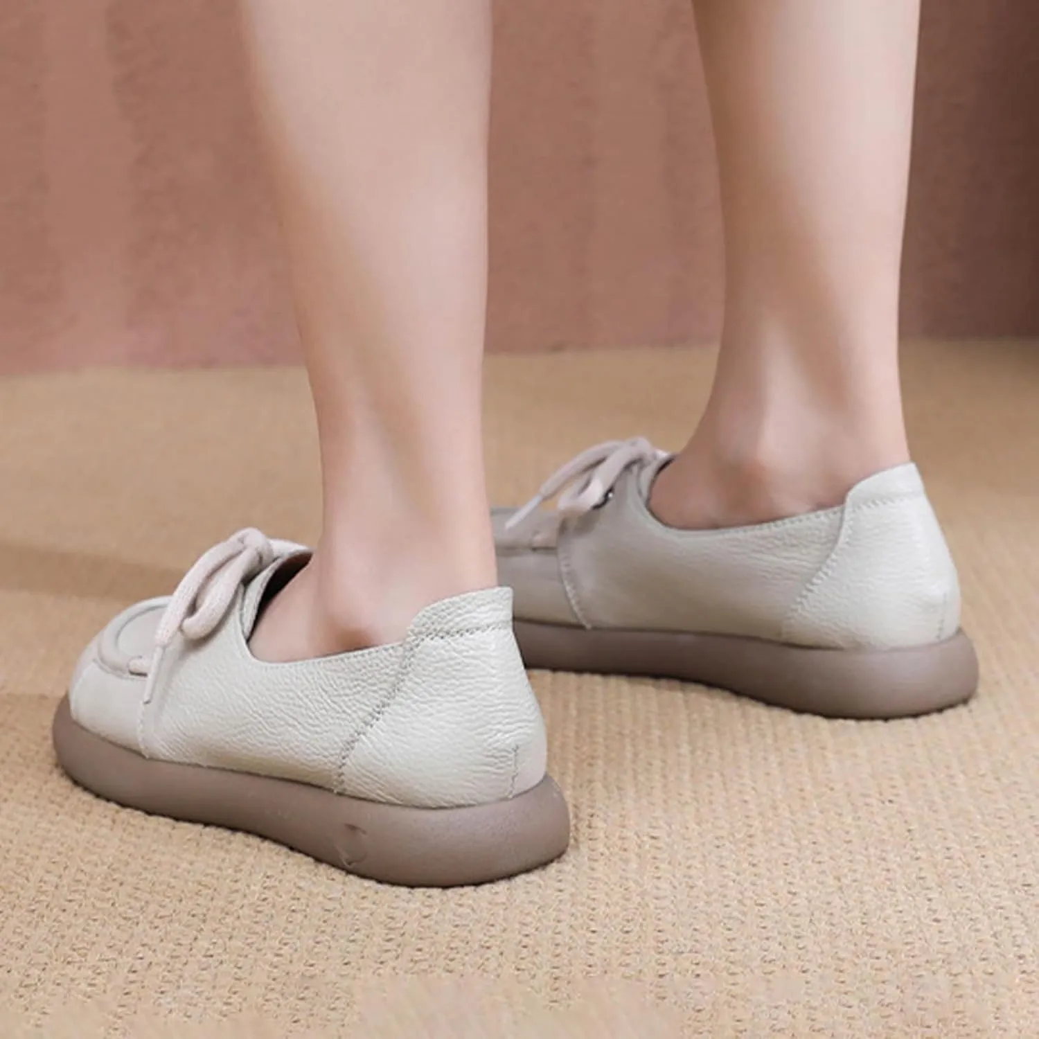 Women's Leather Soft Sole Casual Shoes,Vintage Comfort Round Toe Non-Slip Cute Bow Lace-up Flat Dress Oxford Loafers