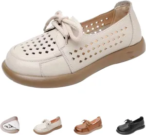 Women's Leather Soft Sole Casual Shoes,Vintage Comfort Round Toe Non-Slip Cute Bow Lace-up Flat Dress Oxford Loafers