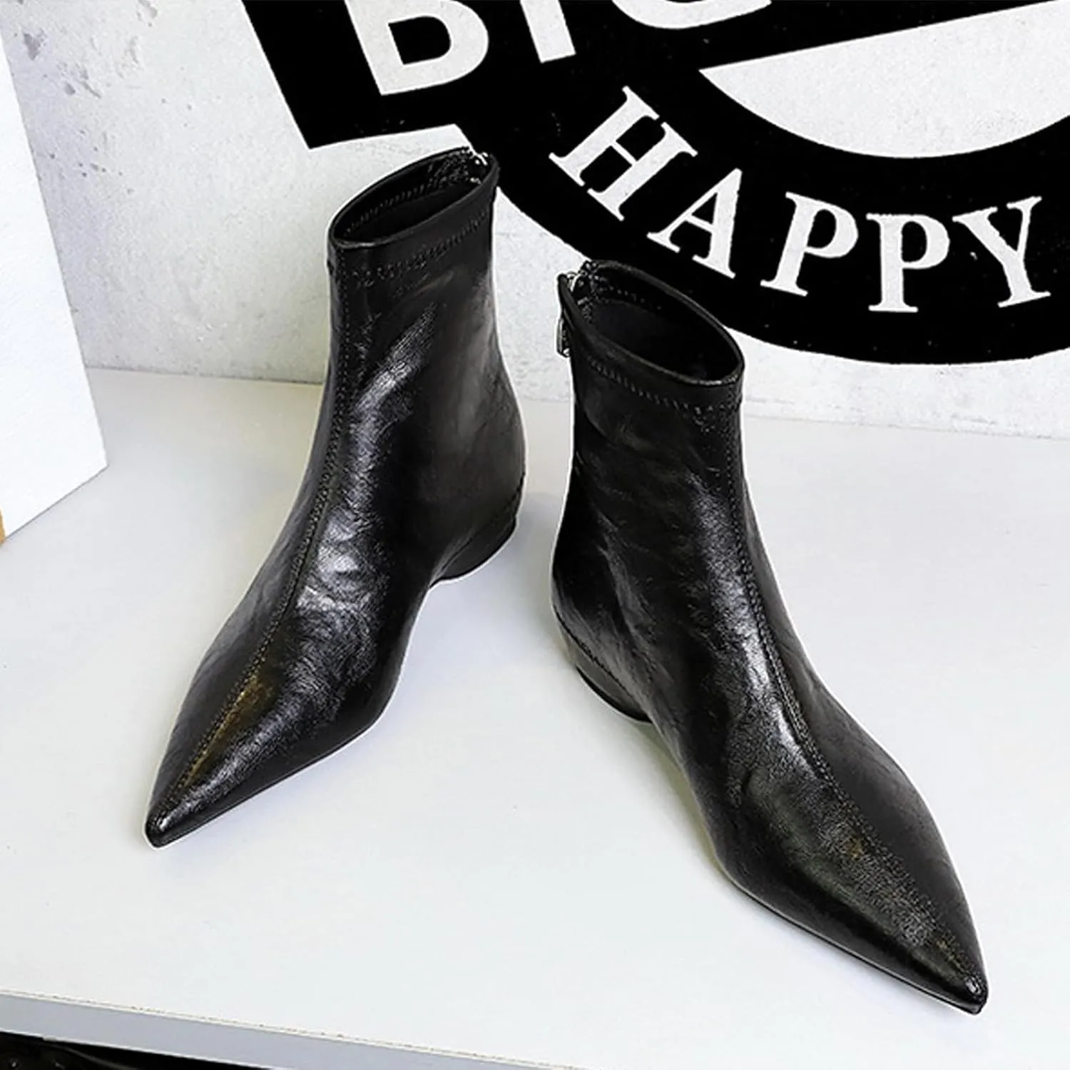 Women's Leather Stitching Details Invisible Wedge Ankle Booties Retro Handmade Pointed Toe Invisible Height Increasing Back Zippers Flat Dress Short Boots for Work Walking
