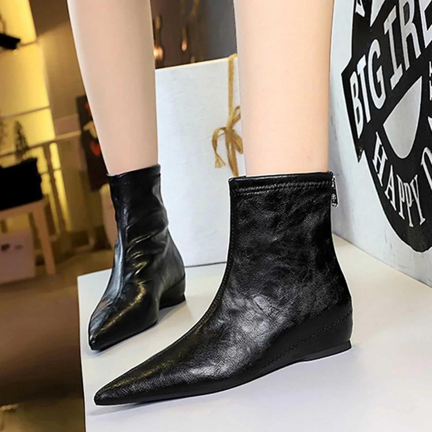 Women's Leather Stitching Details Invisible Wedge Ankle Booties Retro Handmade Pointed Toe Invisible Height Increasing Back Zippers Flat Dress Short Boots for Work Walking