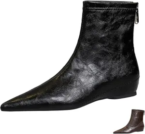 Women's Leather Stitching Details Invisible Wedge Ankle Booties Retro Handmade Pointed Toe Invisible Height Increasing Back Zippers Flat Dress Short Boots for Work Walking