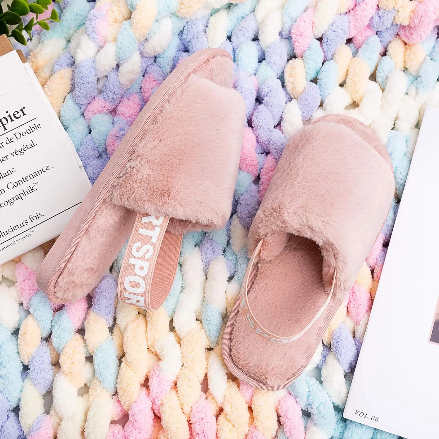 Womens Leopard Fuzzy Slippers Soft Plush Open Toe Faux Fur House Slide Sandals Indoor Spa Bedroom Flat Shoes with Elastic Strap