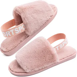 Womens Leopard Fuzzy Slippers Soft Plush Open Toe Faux Fur House Slide Sandals Indoor Spa Bedroom Flat Shoes with Elastic Strap