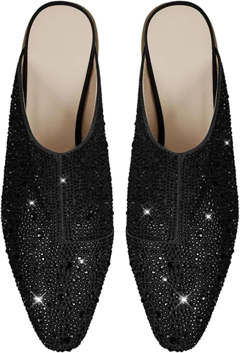 Women's Pointed Toe Rhinestone Mules - Glitter Bling Shiny Pretty Sparkly Chunky Heel